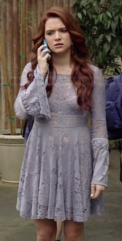 Karma’s purple lace bell sleeve dress on Faking It