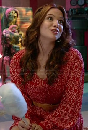 Karma’s red printed peasant dress on Faking It