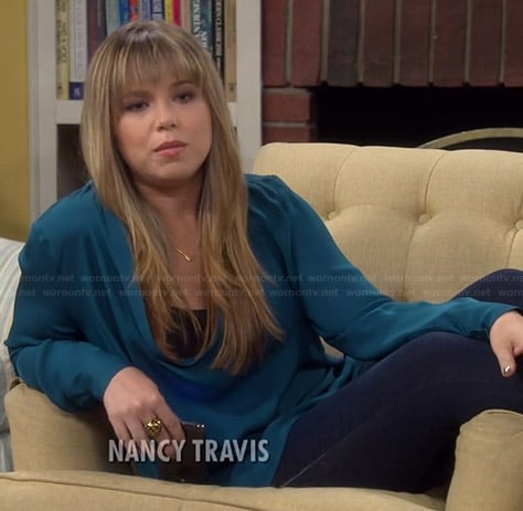 Kristin’s blue long sleeved cowl neck blouse on Last Man Standing