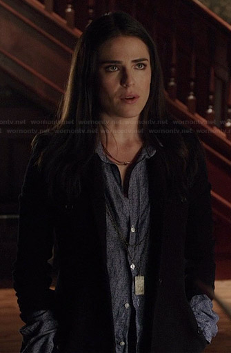 Laurel’s blue floral crinkled shirt on How to Get Away with Murder