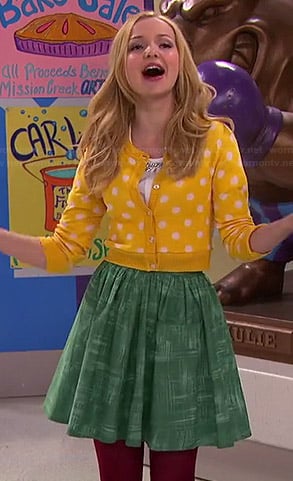 Liv’s yellow polka dot cardigan, green skirt and brown and white oxford wedges on Liv and Maddie