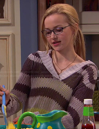 Maddie’s grey and yellow striped hooded sweater on Liv and Maddie