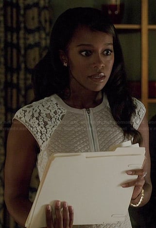 Michaela’s cream textured zip-front dress with white lace shoulders on How to Get Away with Murder