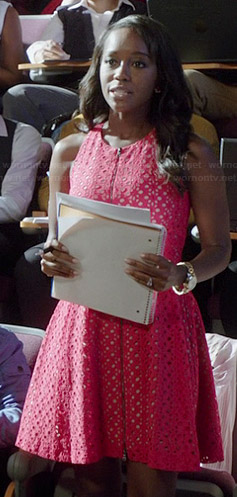 Michaela’s red zip front eyelet dress on How to Get Away with Murder