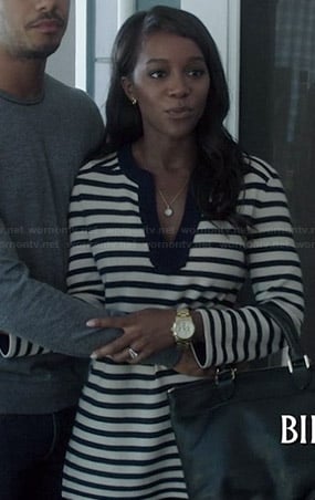 Michaela’s navy striped split-neck tunic on How to Get Away with Murder