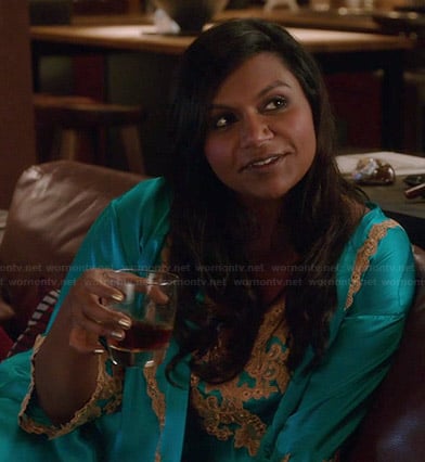 Mindy’s turquoise blue lace applique slip and robe on The Mindy Project