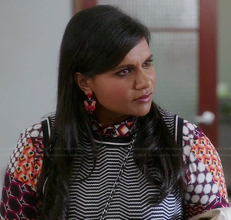 Mindy’s geometric printed shirt and striped shell top on The Mindy Project