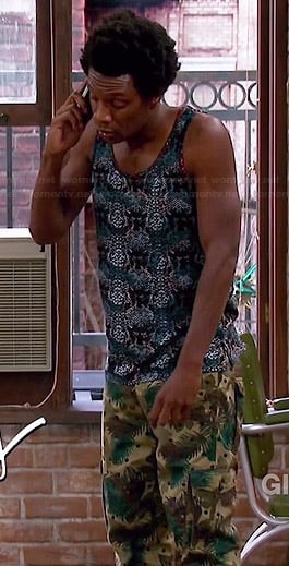 Motif’s printed tank top and palm and polka dot printed cargo pants on Mulaney