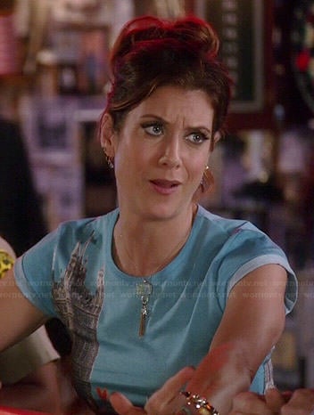 Rebecca’s blue London graphic tee on Bad Judge
