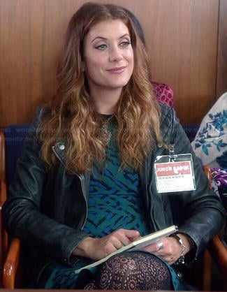 Rebecca’s blue and green ruffle trim dress on Bad Judge