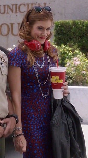 Rebecca’s red and blue leopard print dress and leather jacket on Bad Judge