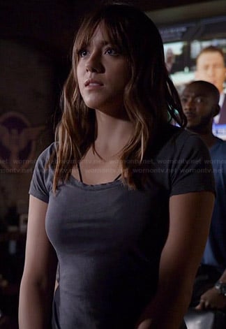 Skye’s black cage strap bra and grey tee on Agents of SHIELD