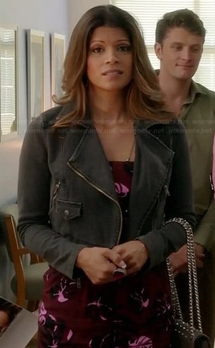 Xiomara’s burgundy tropical printed playsuit and cropped denim jacket on Jane the Virgin