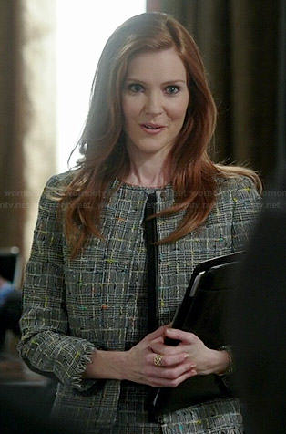 Abby’s grey tweed jacket and dress with black back on Scandal