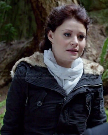 Belle’s black fur trim coat and dagger printed scarf on Once Upon a Time