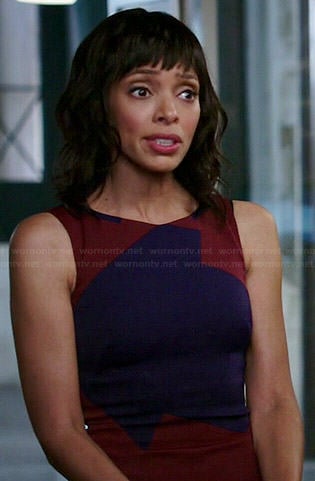 Camille’s red and blue colorblock dress on Bones