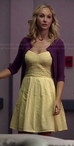 Caroline’s yellow woven top dress and purple cardigan on The Vampire Diaries