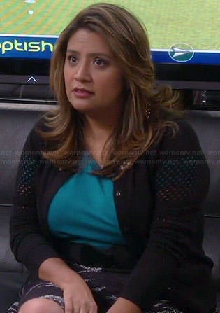 Cristela’s black embellished cardigan with mesh sleeves on Cristela