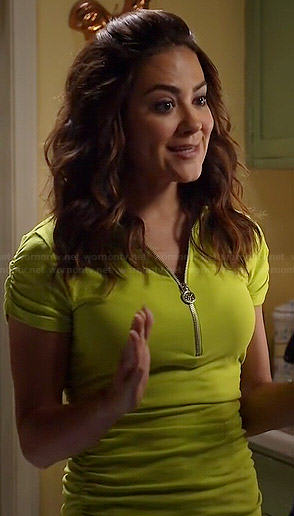 Elena’s lime green zip neck polo top on Happyland