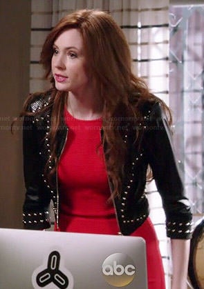Eliza’s red dress and studded leather jacket on Selfie