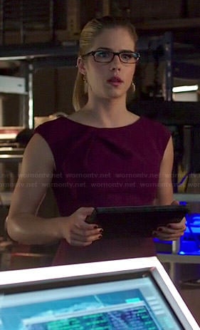 Emily’s purple pleated neck dress on Arrow