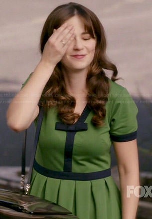Jess’s green dress with blue trim on New Girl