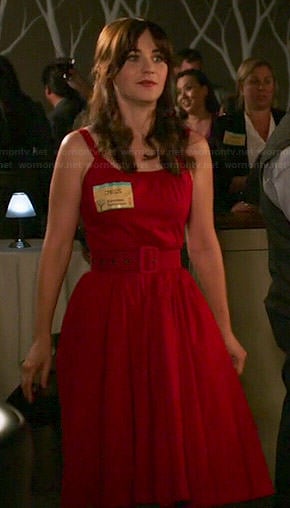 Jess’s red belted dress on New Girl