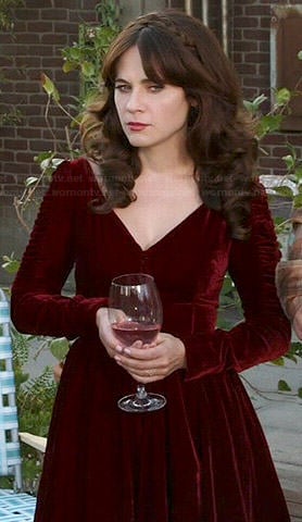 Jess’s red velvet Thanksgiving dress on New Girl