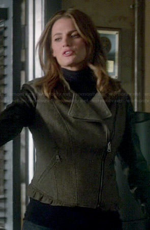 Kate’s grey ruffled hem jacket with leather sleeves on Castle