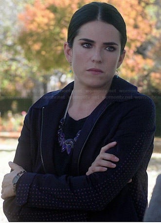 Laurel’s navy jacket with polka dotted back on How to Get Away with Murder