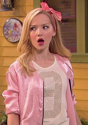 Liv’s pink satin bomber jacket and ‘9’ top on Liv and Maddie
