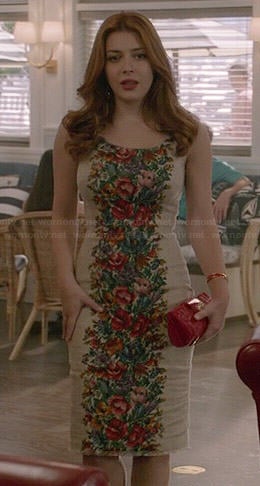 Louise’s beige floral dress with button back on Revenge