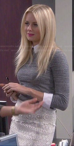 Maddie’s grey collared sweater and white crochet skirt on Cristela