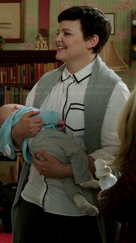 Mary’s white button up shirt with black trim and grey vest on Once Upon a Time