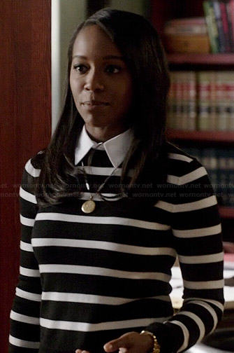 Michaela’s black and white striped sweater with collar on How to Get Away with Murder