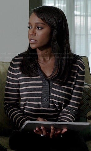 Michaela’s grey striped shawl collar sweater on How to Get Away with Murder
