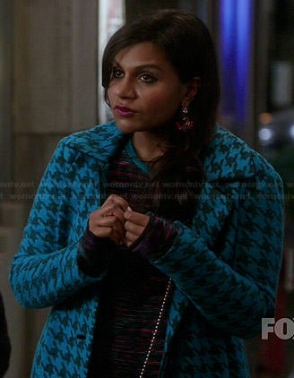 Mindy’s patterned long sleeve dress, blue houndstooth coat and pink earrings on The Mindy Project
