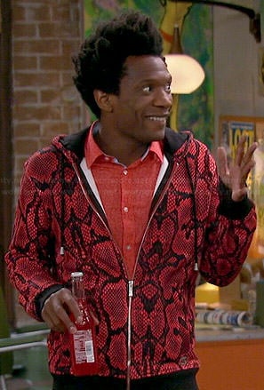 Motif’s red snake print hoodie on Mulaney