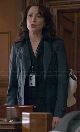 Nadine’s navy blue pleated trench coat on Madam Secretary