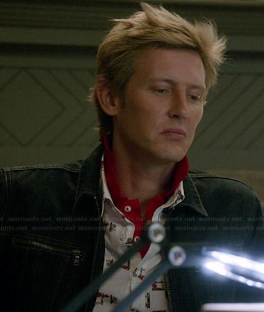 Nolan’s white and red printed shirt and zip pocket denim jacket on Revenge