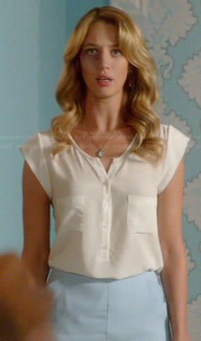 Petra’s white cap sleeve button front top on Jane the Virgin
