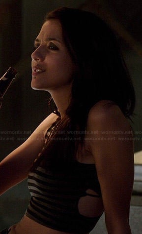 Rebecca’s grey striped crop top with cross back on How to Get Away with Murder