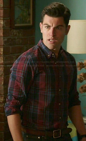 Schmidt’s burgundy plaid shirt on New Girl