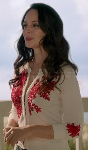 Victoria’s white and red embroidered cardigan on Revenge
