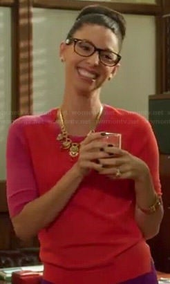 Amy’s red and pink colorblock sweater on Manhattan Love Story