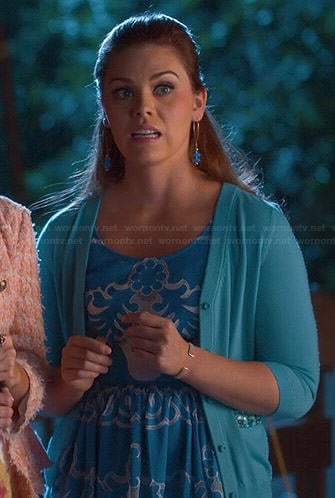 AnnaBeth’s blue and white printed dress and bead embellished cardigan on Hart of Dixie