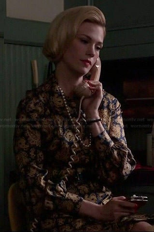 Betty’s black and gold paisley shirtdress on Mad Men