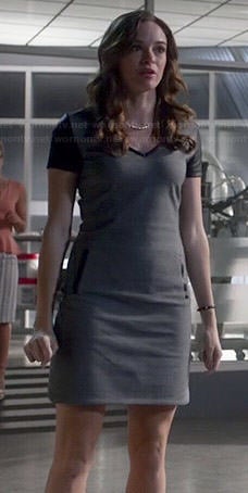 Caitlin’s grey v-neck dress with leather sleeves on The Flash