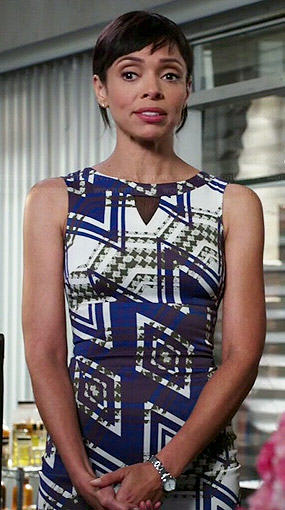 Camille’s blue geometric print dress on Bones