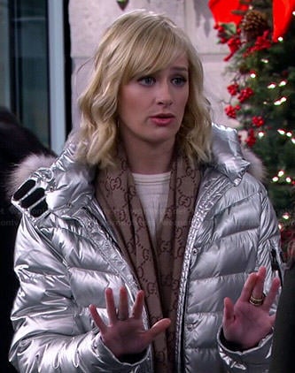 Caroline’s silver puffer jacket and GG scarf on 2 Broke Girls